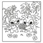 Zwei fröhliche, cartoonartige Kreaturen vor Palmen mit Blumen. Eine hält einen Blumenstrauß, die andere applaudiert.