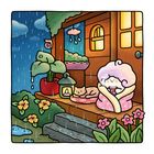 Keine Texte im Bild. Eine Illustration zeigt eine gemütliche Hütte, Regen, Pflanzen, eine Katze und eine Person mit einer Tasse.