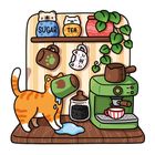 "SUGAR", "TEA" auf Katzenbehältern. Katze trinkt, Flüssigkeit verschüttet, Pflanzen hängend, Kaffeetasse, Kaffeemaschine.