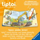 "Am Löffelstiel kann man viele verschiedene Werkzeuge anbringen." Tiptoi-Stift auf Buch mit Baggerillustration.