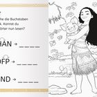 Austausch der Buchstaben: HHÄN, KOFP, ASND. Eine Frau hält ein kleines Schweinchen im Arm, umgeben von Blättern.