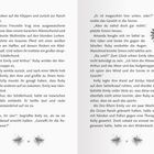 Seite 16 und 17 eines Buches, beschrieben wird eine Szene mit Emily, Arthur, Ruby, Kelly und einem Schäferhund.