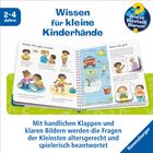 "Wissen für kleine Kinderhände," "2-4 Jahre," "Mit handlichen Klappen... spielerisch beantwortet." Buchseiten mit Illustrationen.