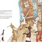Text: Stimme an der Tür, Wolf, Geißlein erkennen ihn. Illustration: Kleine Geißlein tanzen fröhlich in einer bunt eingerichteten Stube.