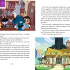 Zwei Textabsätze schildern eine Hasenschulklasse, geführt von Meister Hubertus. Rechts eine Illustration mit einem baumartigen Haus.