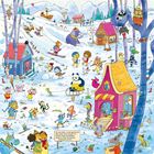 Ein buntes Winterwunderland mit Tieren und Menschen im Schnee. Einige bauen Schneemänner, andere fahren Ski. Ein Schild: „Wo ist die kleine grüne Tür?“ Ein Pandabär sitzt auf einem Schlitten.