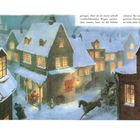 Seite 8-9. Winterliche Stadtlandschaft, Schneefall, schneebedeckte Dächer, Pferdekutsche, beleuchtete Fenster, Menschen auf der Straße.