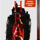 "LINUS GESCHKE, HRAD, HORROR THRILLER. SPIEGEL Bestseller-Autor. Silhouette einer Burg vor rotem Hintergrund."