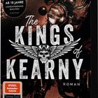 „The Kings of Kearny“. Schwarz-weiße Illustration eines Motorrads mit Schädel und Flügeln.