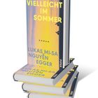 "VIELLEICHT IM SOMMER", Roman von Lukas Mi-Sa Nguyễn Egger. Cover zeigt Sonnenuntergang in Gelb und Blau, Stapel Bücher.