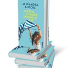 Oben: "Alexandra Blöchl." Darunter: "Diesen Sommer springen wir." Illustration: Frau mit Fahne, im Wind. Buchstapel.