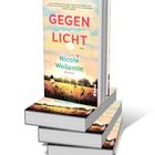 „GEGEN LICHT“, Nicole Wellemin, ROMAN. Buchstapel mit Sonnenuntergang und Landschaft.