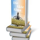 "Die Akte Alma" von Sabine Welk. Ein Fahrrad in einer Wiese, pastellfarbener Himmel. Stapel Bücher.
