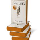 "Theo of Golden" von Allen Levi, englische Ausgabe, Buchstapel, weiße Cover mit Federillustration.