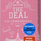 Pinkes Cover mit Text: "Elle Kennedy, The Deal, Reine Verhandlungssache, Roman". Logos: Hockey, Buch, Trophäe, Gebäude.