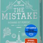Texte: "THE MISTAKE", "NIEMAND IST PERFEKT", "Roman", "OFF CAMPUS", "SPIEGEL Bestseller-Autorin". Türkise Farbe, Eishockey-Design.