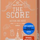 "THE SCORE: MITTEN INS HERZ" von Elle Kennedy. Illustrationen von Schlittschuhen, Theatermasken, einem Gebäude und einem Erdbeeremuster.