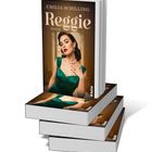 „Reggie“ von Emilia Schilling. Roman. Eine Frau in grünem Kleid vor einem eleganten Hintergrund. Coverdesign.