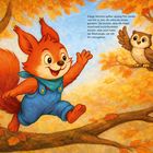 Text: "Einige Wochen später sprang Fini wieder von Ast zu Ast, als wäre nie etwas passiert..."

Eine Illustration eines fröhlichen Eichhörnchens in blauer Kleidung, das durch herbstliche Bäume springt.
