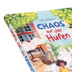 Buchtitel: "CHAOS auf vier Hufen". Illustration: Szene mit Haus, Bäumen, älterem Mann, Kind und Schaukelstuhl.
