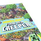 „MINECRAFT FINDE DEN CREEPER UND ANDERE MOBS“. Illustration mit Minecraft-Szene und Creeper-Kopf in grün.