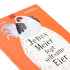 "Jenny Meier legt seltsame Eier" steht in großen Buchstaben auf einem knallorangen Buchcover mit einer Huhn-Illustration.