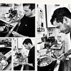 Ein Mann kocht in einer Küche mit Pfannen und Eiern. Er konzentriert sich auf die Zubereitung eines Gerichts.