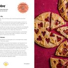 "Linzer Törtchen", Rezept mit Zutatenliste und Zubereitungstipps, rechts halbierte Törtchen auf rotem Hintergrund, Herzmuster.