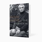 Der Text auf dem Buch lautet: "PETER HUCHEL DIE GEDICHTE". Ein älterer Mann sitzt mit ernstem Blick in einem Wald.