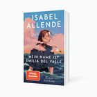 Titel: "Mein Name ist Emilia del Valle", Autorin: Isabel Allende. Frau vor Meer und Himmel mit Möwen.