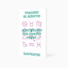 Text: "Theodor W. Adorno. Aberglaube aus zweiter Hand. Suhrkamp." Hintergrund mit astrologischen Symbolen.