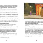 Seite 8: "Wieder zurück gräbt Dr. Brumm ein großes Loch im Gemüsebeet."  
Ein Bär und ein Biber spielen mit einem Ball vor einer Holzhütte.