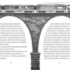 Text: "Der Zug ratterte gleichmäßig... Fast fielen sie in den Salon." Illustration: Ein Zug fährt über eine gemauerte Brücke.