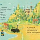"1. Eine Insel. Kennst du Lummerland? Die kleine Insel mitten im Ozean? Ein Schritt zu viel und die Füße sind nass."

Illustration einer idyllischen Insel mit Bergen, Schienen, Dampflok und bunten Häusern. Zugführer im Wasser.