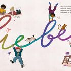 Ein bunter Schriftzug "liebe" mit spielenden Kindern, einem Hund, einer Katze und einem Vogel; Text beschreibt Verbundenheit.