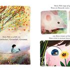 Texte: "Deine Welt ist erfüllt von Gezwitscher, Geraschel, Gesumm."  
Zwei Kinder unter einem Baum, Maus, Amsel, Gesicht mit großer Blume.