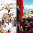 Links oben: "durch das Museum mit den Dinos,". Rechts oben: "durch die Filme in den Kinos.". Illustration: Museum und Kino.