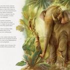 Ein Elefant in einem dichten, grünen Dschungel, mit Tieren und Pflanzen. Text erzählt über den Elefanten Filémon.