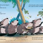 Illustration: Biber tauschen sich aus. Links halten sie Holz, rechts hängt einer kopfüber an einem Baum neben Werkzeug.