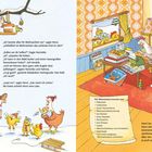 „Ich bereite alles für Weihnachten vor“, sagte Henri. „Sollen wir dir helfen?“, fragte Henriette. „Ja!“ piepsten die Küken. Liste: „Plätzchen, Lebkuchen, Tannenbaum, Geschenk." Illustrationen: Hühner in einem weihnachtlich dekorierten Raum.