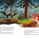 Ein Fuchs sitzt traurig im Wald. Ein Eichhörnchen und ein Vogel beobachten ihn skeptisch.