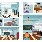 Eine farbenfrohe Comic-Illustration zeigt Schüler in einer Schule, die Lehrerin Frau Zahn begrüßt die Klasse.