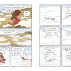 Zwei Kinder im Nebel, unsicher über den Weg. Dialoge zeigen Verwirrung und Suche. Geräusche: "TAPP-TAPP", "KLATSCH", "FUCHTEL".