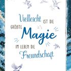 "Vielleicht ist die größte Magie im Leben die Freundschaft." Illustration mit fliegenden Vögeln und blau weißen Farben.