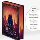 Text: "Kashmere Rises", "But the skies fade in ashes", "Spice-Level", "Enemies to Lovers", "Forced Proximity", "Exes to Allies", "Demon Hunter", "Gods among us". Buchcover mit stilisierter Stadtansicht.