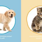 "Der Hund" und "Die Katze" in großen Buchstaben. Links Welpe, rechts Kätzchen mit sanften, freundlichen Ausdrücken.