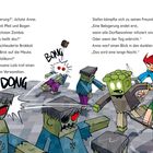Text links: Anna und Stefan kämpfen gegen Zombies mit Pfeil, Bogen und Brot. Comic-Stil mit Cartoon-Zombies.