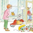 Text: Schepper! Polter! Klirr! Was ist das? Erschrocken läuft Mama ins Schlafzimmer. Dort steht Conni...

Illustration: Ein Kind steht auf einem Stuhl vor einem offenen Schrank, Mama schaut zu, zerbrochener Weihnachtsschmuck liegt am Boden.