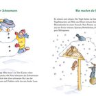 Links: "Ein piekfeiner Schneemann." Rechts: "Was machen die Vögel im Winter?" Illustrationen von Kindern und Vögeln im Schnee.