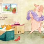 Text: „Da mach ich mit!“, quietscht froh das Schwein... Illustration zeigt ein Schwein mit Federboa, Huhn mit Hut, Katze in Kiste.